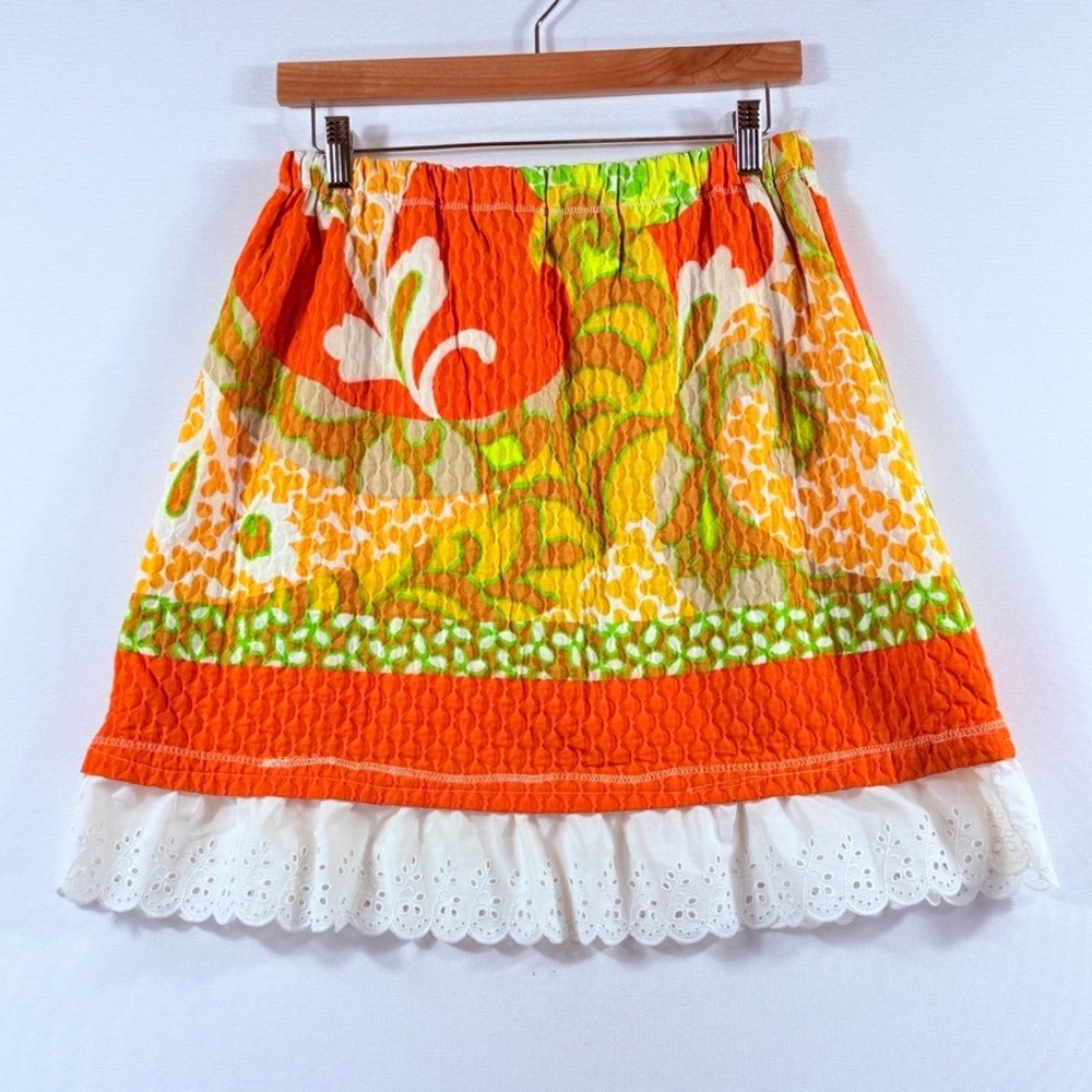 Handmade Vintage Mini Skirt Women Medium Orange Floral Lace Cottagecore 70s Boho